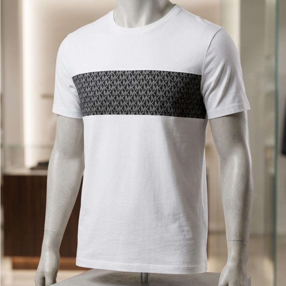 Michael Kors White Short-Sleeve Crew Tee with Black Logo Band